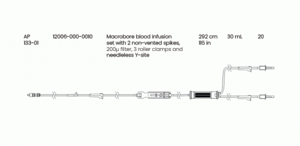 12006-000-0010 Eitan Medical Macrobore blood infusion set 2 non-vented spikes, 200μ filter, 3 roller clamps and needleless Y-site, AP133 