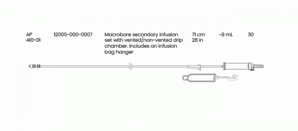 12005-000-0007 Eitan Medical Macrobore secondary infusion set vented/non-vented drip chamber. Includes an infusion bag hanger, AP410 