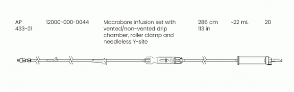12000-000-0044 Eitan Medical Macrobore infusion set vented/non-vented drip chamber, roller clamp and needleless Y-site, AP433 for Multi-Therapy and Epirdural 
