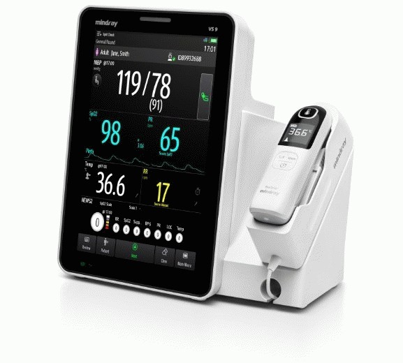 121-002190-00 Mindray VS9 Vital Signs Monitor Masimo SpO2, Exergen Temporal Temp, Low Flow Sidestream CO2 