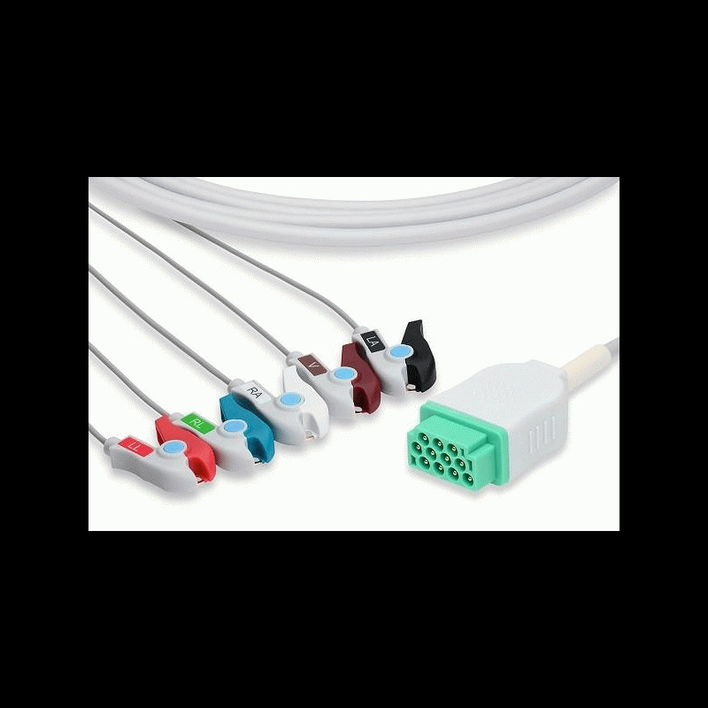 C2586P0 / NEMQ1151 GE Compatible Healthcare Marquette Direct-Connect ECG Cable 5 Leads Pinch/Grabber 