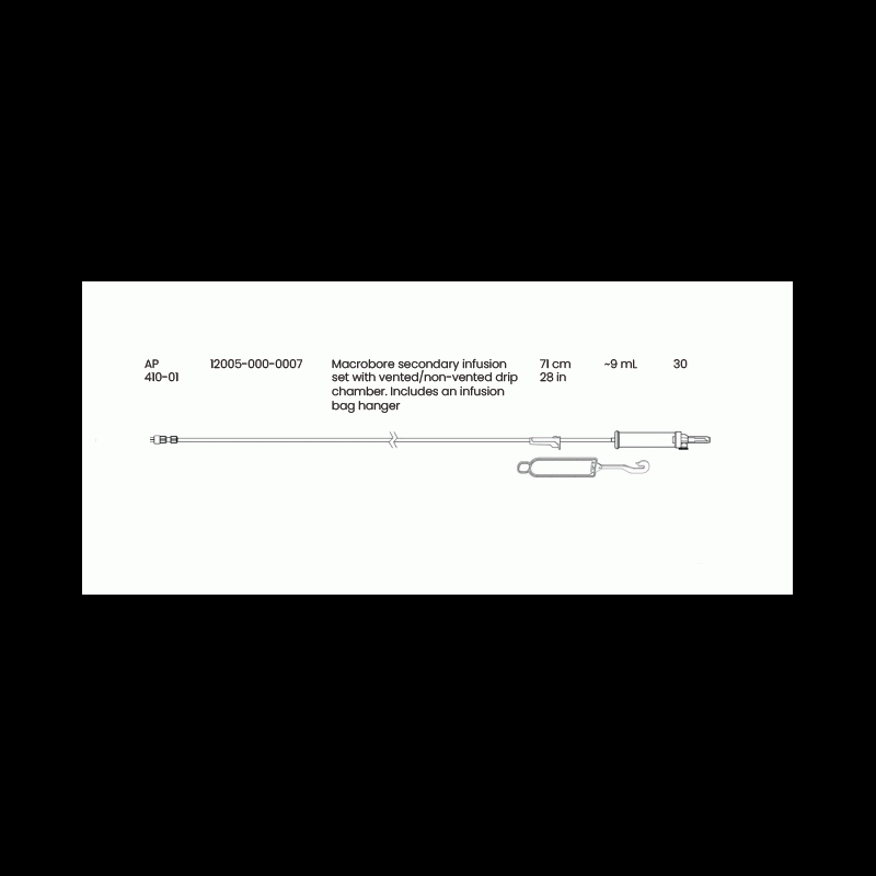 12005-000-0007 Eitan Medical Macrobore secondary infusion set vented/non-vented drip chamber. Includes an infusion bag hanger, AP410 12005-000-0007 Eitan Medical Macrobore secondary infusion set vented/non-vented drip chamber. Includes an infusion bag hanger, AP410